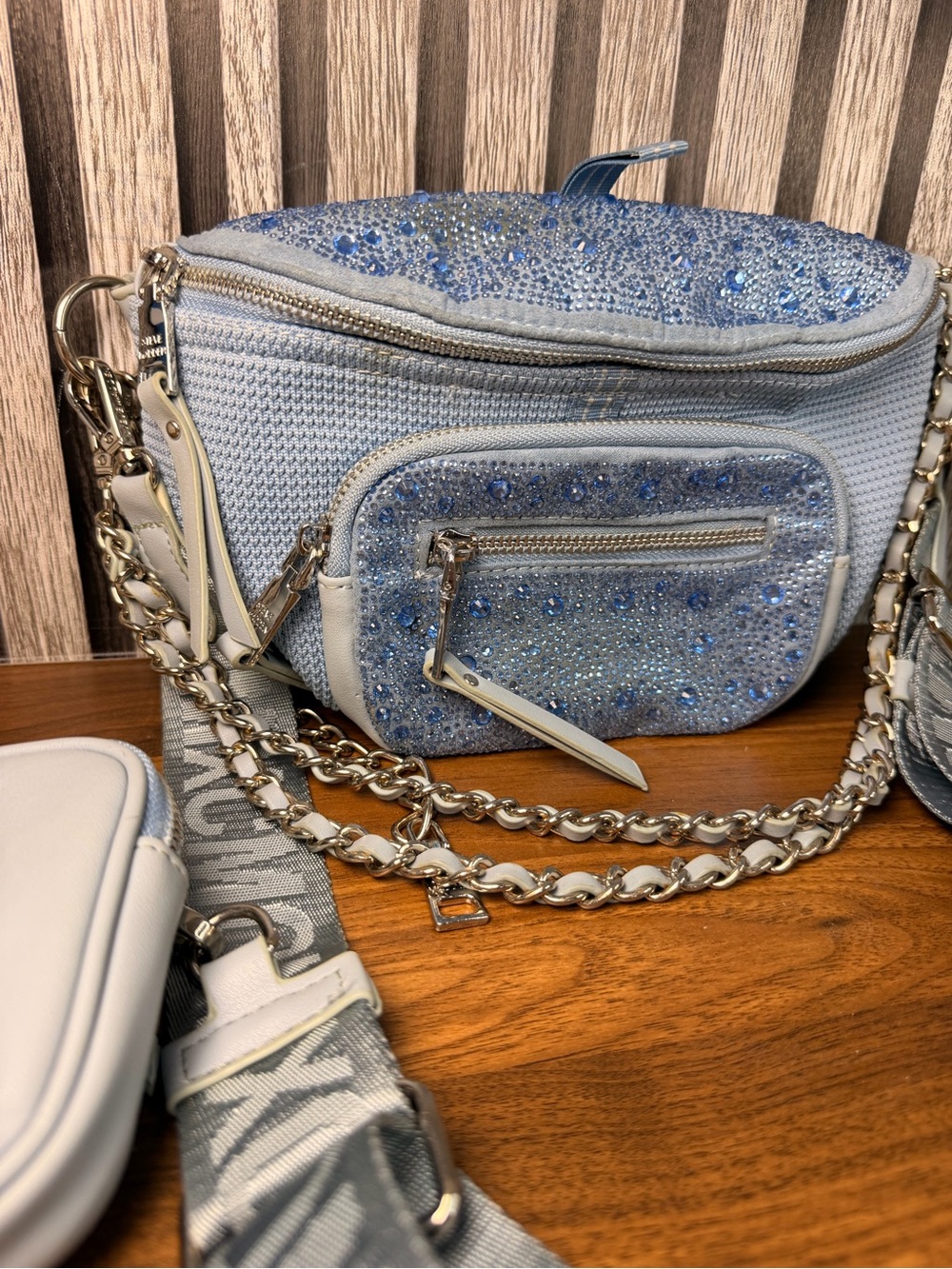 Steve Madden Light Blue Embellished Crossbody Bag with Chain Detail - Picture 4 of 16